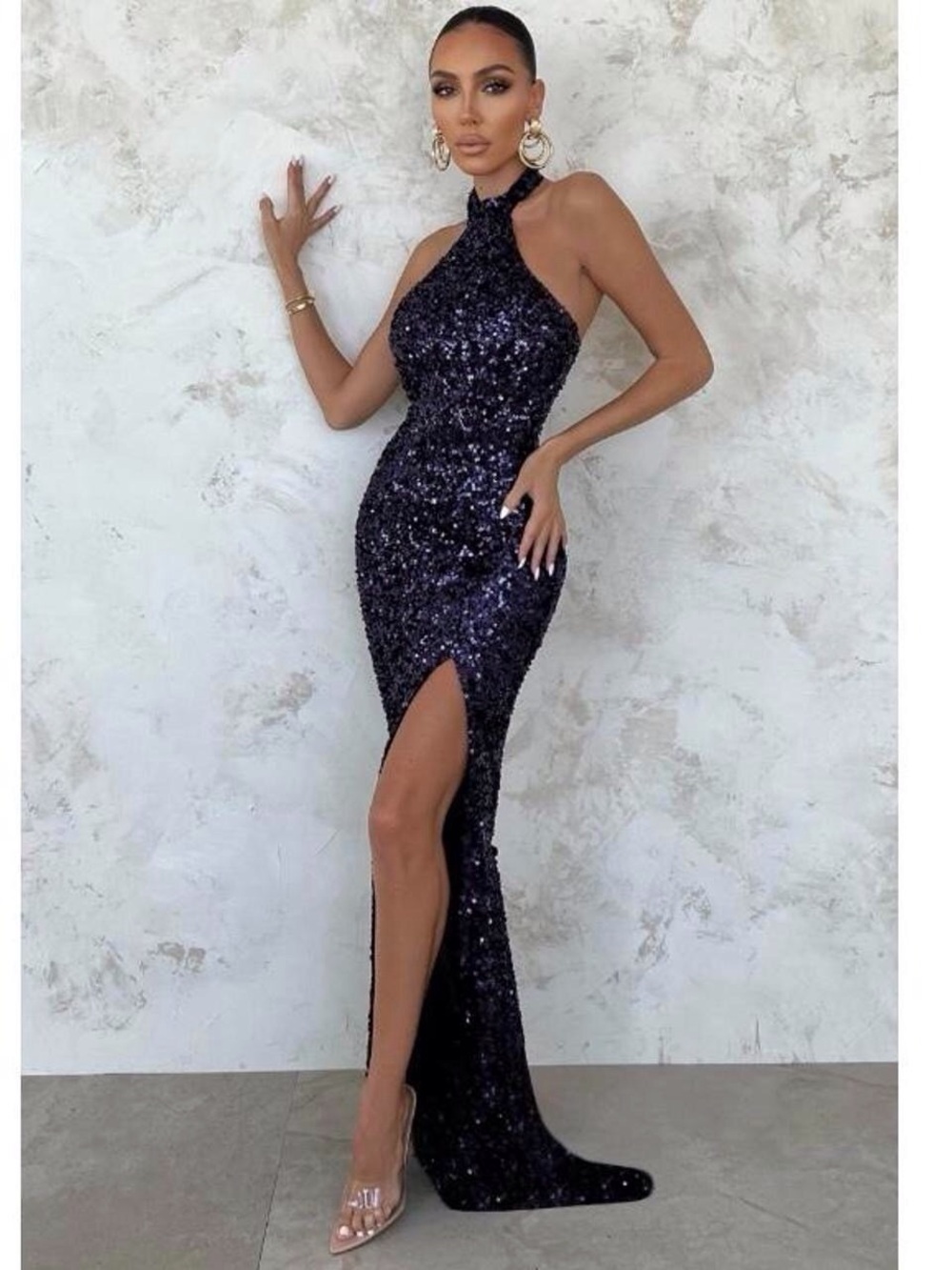 Club L London Navy Sequin Halter Backless Evening Gown